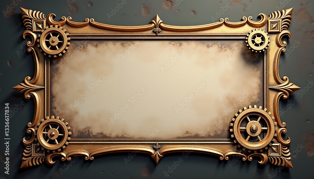 Poster ornate steampunk frame with gears and copy space for text