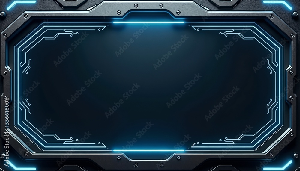 Poster modern futuristic metal border with glowing blue circuit patterns and copy space for text