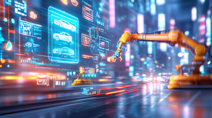A robotic arm manipulates holographic projections of car designs in a vibrant, illuminated urban landscape. Bright neon lights reflect off sleek surfaces, creating a dynamic atmosphere