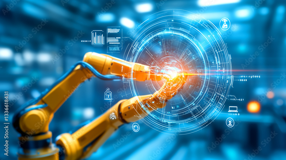 Poster a robotic arm extends towards a glowing digital interface filled with data and symbols, showcasing t