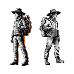 Fototapeta premium Hiker Illustration with Backpack Outdoor Explorer Line Drawing for Nature Lovers