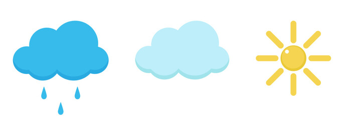 Sun, cloud and rain cloud isolated on a white background. Flat style. Vector illustration and color icon of weather.