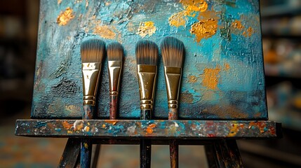 Paintbrushes on an easel with a textured canvas.