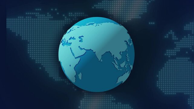 A rotating blue Earth with simplified continents appears against a digital world map background. The futuristic design represents global connectivity, technology, and digital communication.