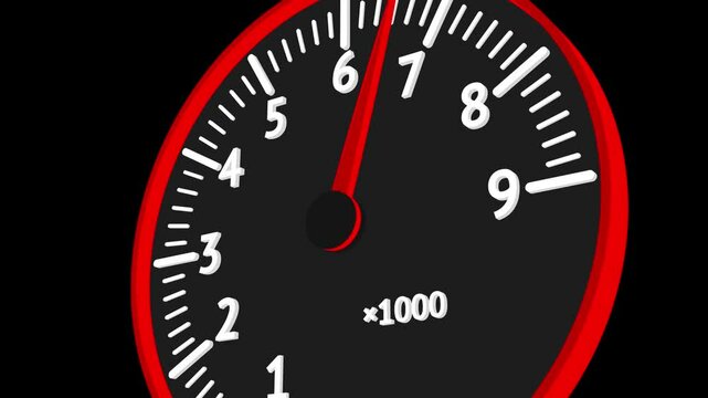 A close-up view of a tachometer with a red needle pointing at high RPM, symbolizing speed, performance, and acceleration in automotive and racing contexts.