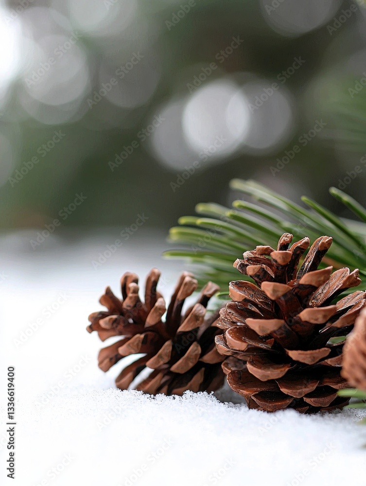 Poster close-up of three pine cones on a bed of snow. the pine cones are brown in color and have a pointed 