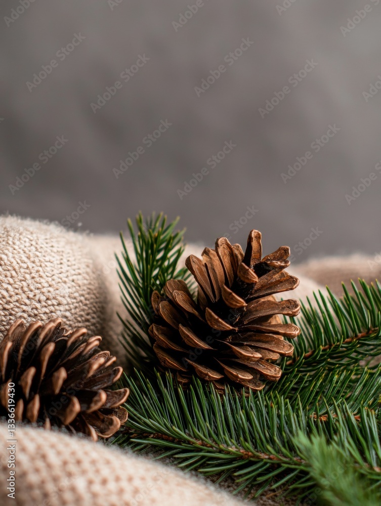 Poster close-up of two pine cones on a branch of a pine tree. the pine cones are light brown in color and h