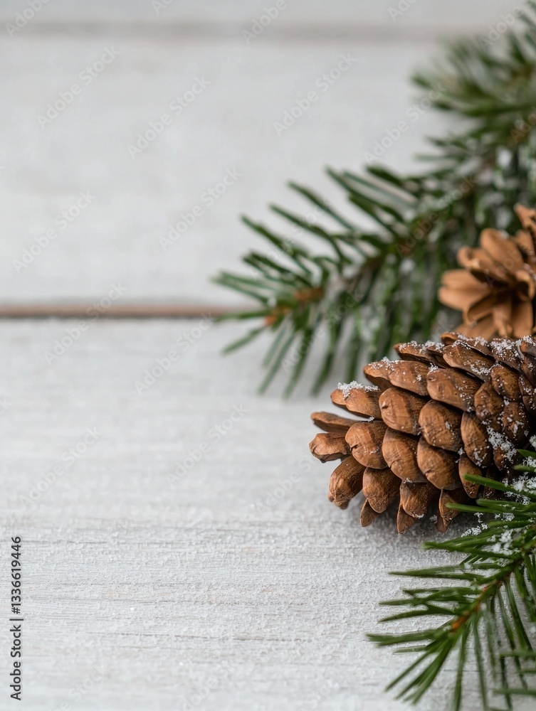 Poster close-up of a pine branch with two pine cones on it. the pine cones are light brown in color and hav