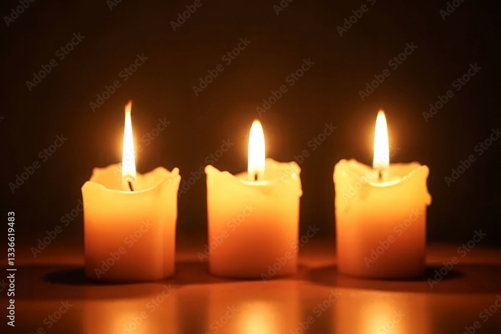 Poster three candles are lit and are arranged in a row on a table. the candles are glowing with a warm, inv