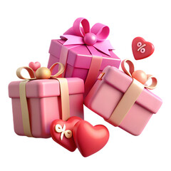 Pink gift boxes with discount tags representing love or surprise in a 3D concept illustration\  