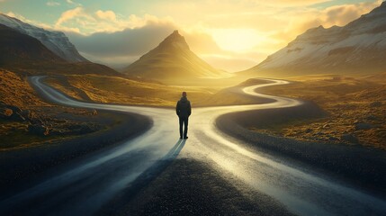 Road decision moment, with a person choosing between two paths in a scenic landscape, road decision, life choices