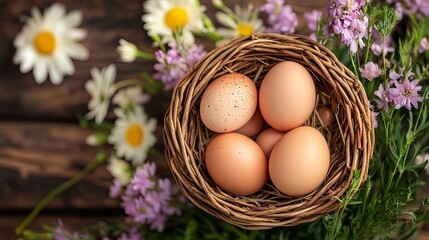 A basket of chicken eggs surrounded by flowers, viewed from above