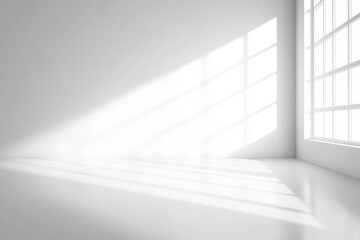 A bright, minimalist interior space with white walls and large windows casting soft shadows on the floor.