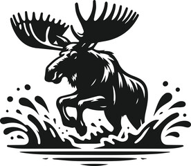 black and white moose aggressively through a river vector