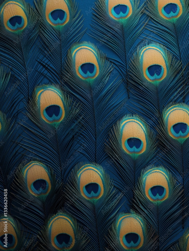 Poster seamless pattern of peacock feathers. the feathers are arranged in a repeating pattern on a dark blu