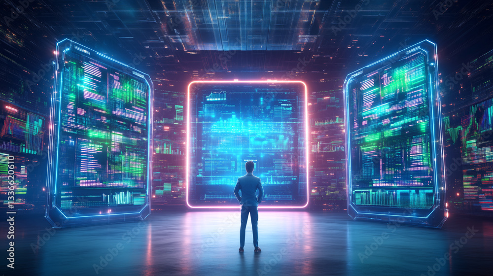 Poster a person stands in a futuristic setting surrounded by vibrant holographic displays filled with data 