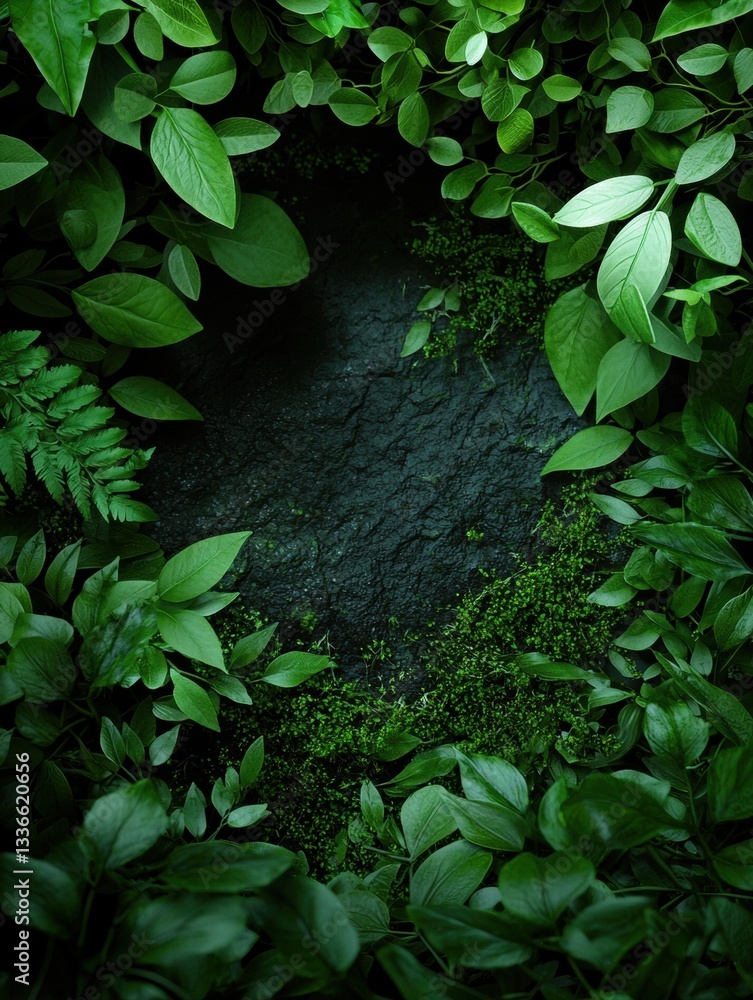 Poster close-up of a small hole in the ground surrounded by green leaves. the leaves are of various sizes a