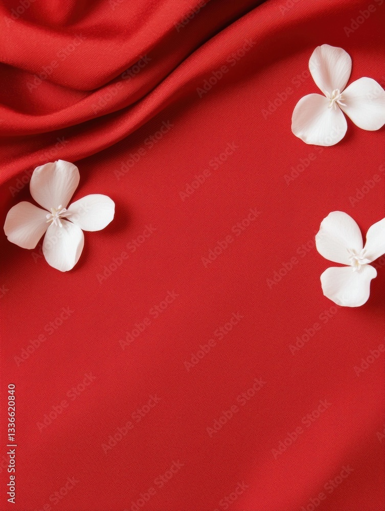 Poster close-up of a red fabric with three white flowers scattered on it. the fabric appears to be made of 