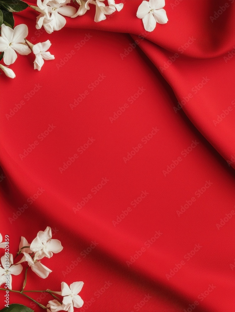 Aufkleber flat lay of a red fabric with a few white flowers scattered on it. the fabric appears to be made of 