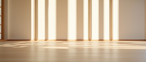 Empty room with a wooden floor and a large window on the left side. the room has a beige wall and a wooden door on the right side.