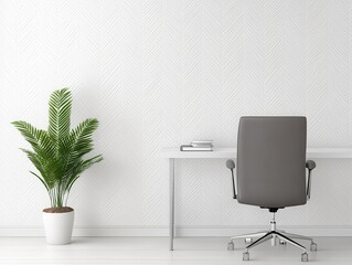 Modern office setup featuring a sleek desk, ergonomic chair, and potted plant