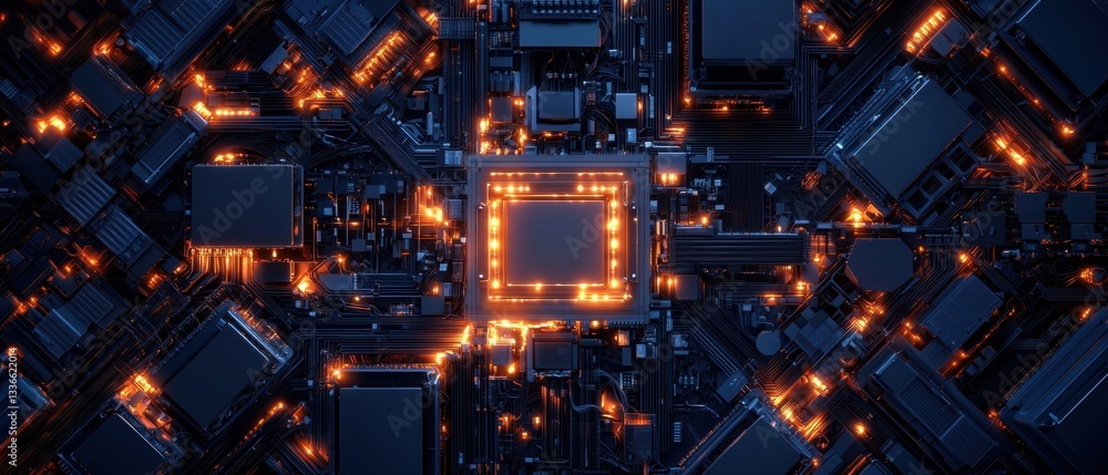 Poster abstract digital art piece that appears to be made up of various electronic components and circuitry