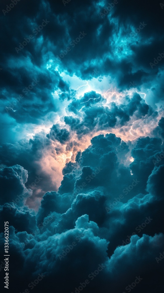 Poster rolling clouds collide in a thunderous sky, illuminated by ethereal light that pierces through dark 
