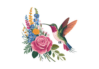 Hummingbird Illustration: Bird with Floral Arrangement - Get Vector Design