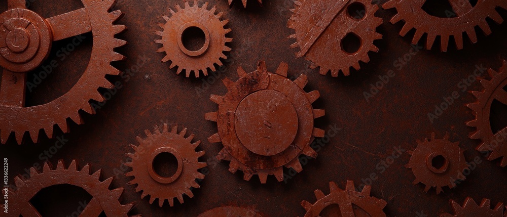 Poster close-up of a group of rusty gears on a dark brown background. the gears are arranged in a scattered
