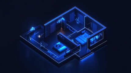 Neon Bedroom Interior, Isometric View, Digital Art, Room Design, 3D Illustration
