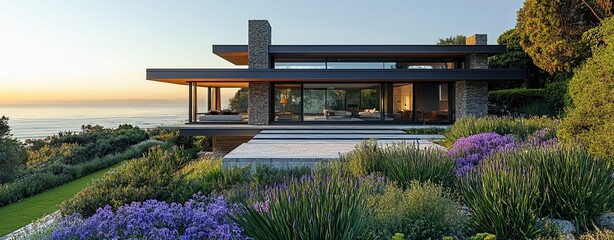 Modern house design with stunning views and vibrant garden landscape at sunrise.