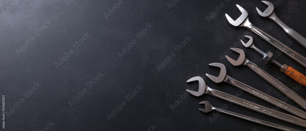 Fototapete group of six wrenches arranged in a line on a black background. the wrenches are of different sizes 