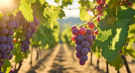 Fresh grapes depend on fertile trees basking under a golden sun with lush green leaves swaying gently in the breeze 4K