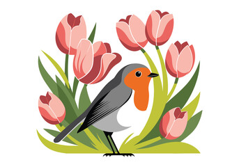 Bird Tulips: Robin with Floral Arrangement