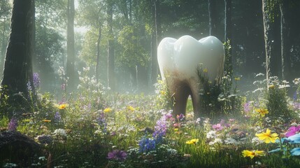 Enormous tooth emerges from misty forest amidst vibrant wildflowers promoting dental awareness