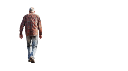 Senior man walking away on transparent background