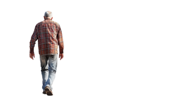 Senior man walking away on transparent background