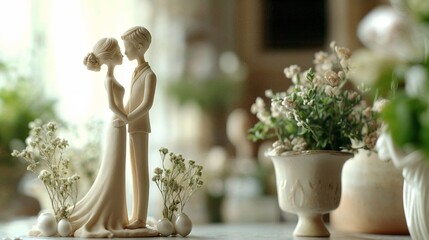 Elegant illustration of a bride and groom figurine in a romantic pose representing unity and love