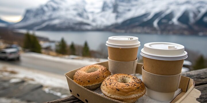 Cupholder with paper coffee cups and bagels on the mountain view