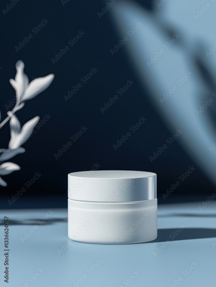 Poster close-up of a white jar with a lid on a blue surface. the jar appears to be made of plastic and has 