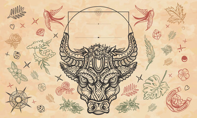 Bull head. Esoteric animal. Art background. Cover page template. Medieval manuscript style. Old paper vector