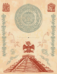 Mayan pyramids, glyphs and old totem. Aztecs, Incas. Historical frame, tribal ornaments and old paper. Chichen Itza. Ancient civilization background