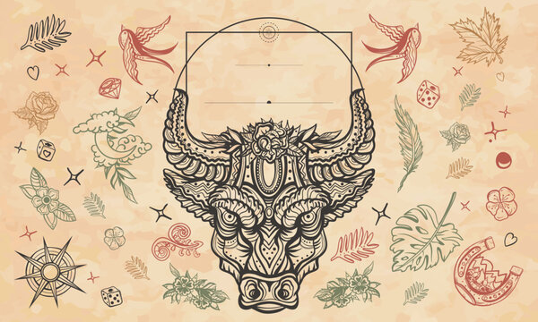Bull head. Esoteric animal. Art background. Cover page template. Medieval manuscript style. Old paper vector