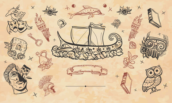 Ancient Greece. Greek boat, olives, theatrical masks, statue head. Historical myths heroes and legends. Old paper vector. Cover page template