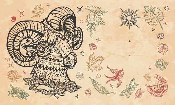 Ram portrait. Mountain goat. Funny ship. Farm animals. Cover page template. Medieval manuscript style. Old paper vector