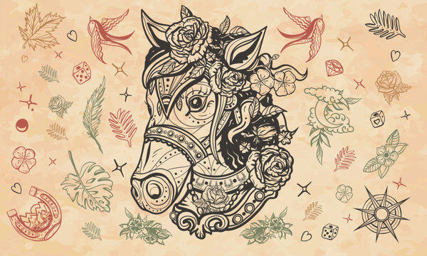 Beautiful horse. Farm animals portrait. Cover page template. Medieval manuscript style. Old paper vector