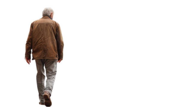 Elderly man walking away on transparent background