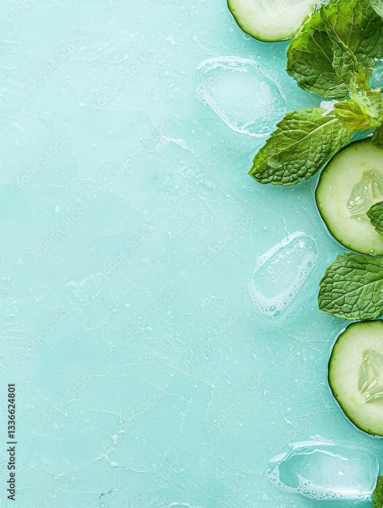 Poster flat lay of sliced cucumbers and mint leaves on a light blue background. the cucumbers are arranged 