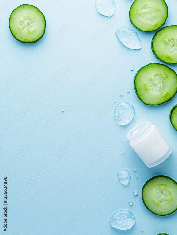 Poster flat lay of sliced cucumbers on a light blue background. the cucumbers are arranged in a scattered m