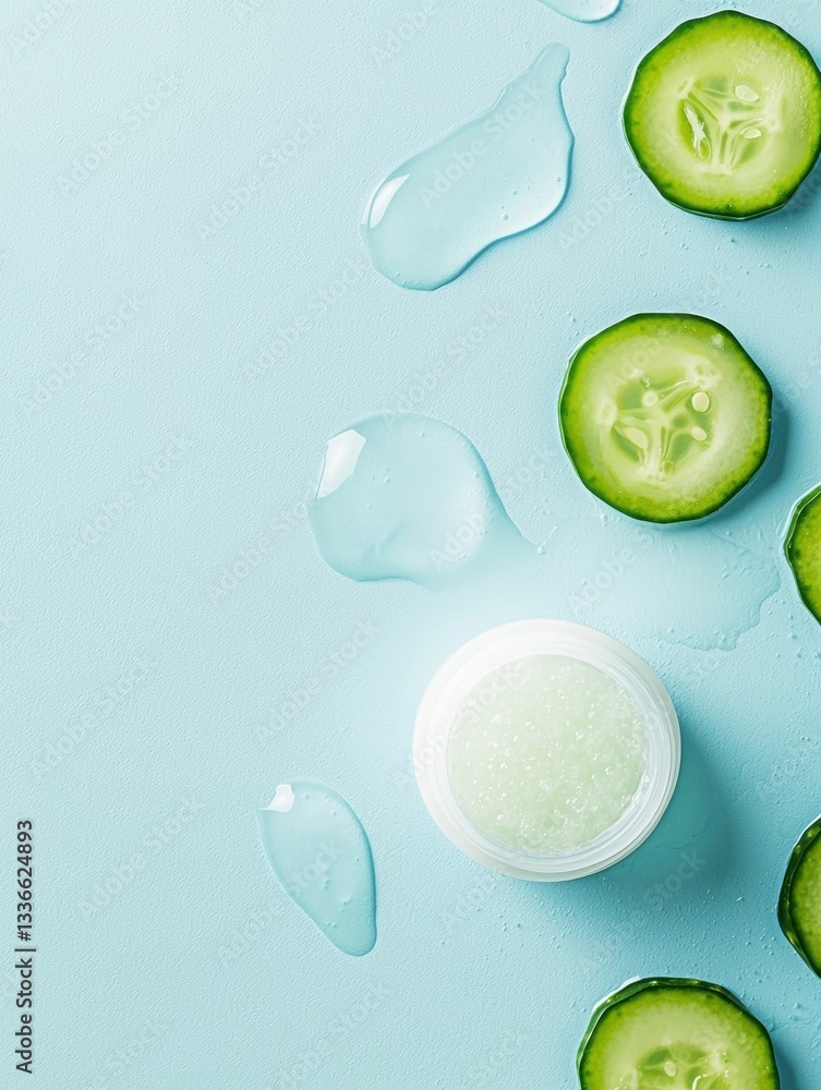 Aufkleber flat lay of a light blue background with several slices of cucumber scattered around. the slices are